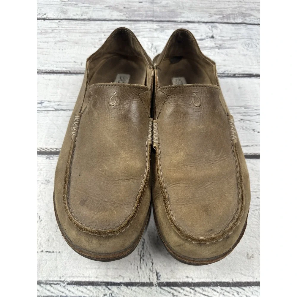 OluKai Moloa Slip On Shoes Brown Leather Loafers Fold Down 10128-2733 Size 10.5